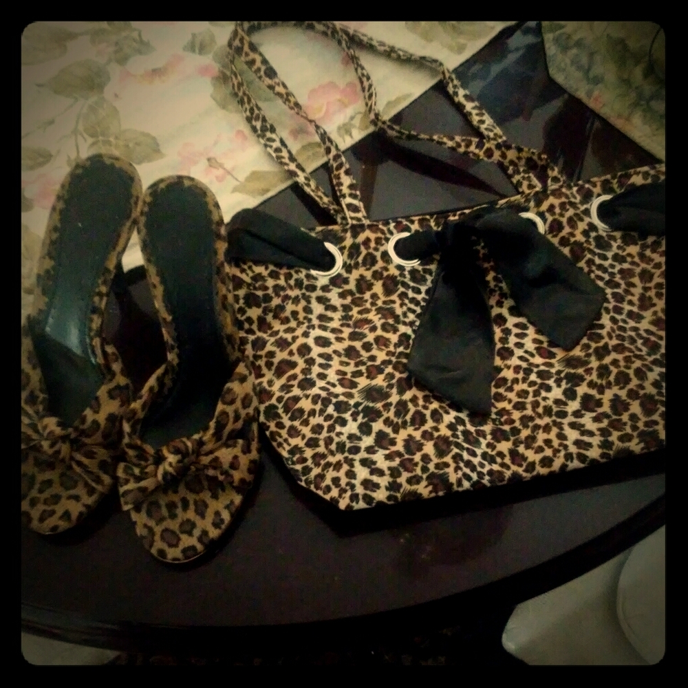 Cheetah print shoes with matching purse.